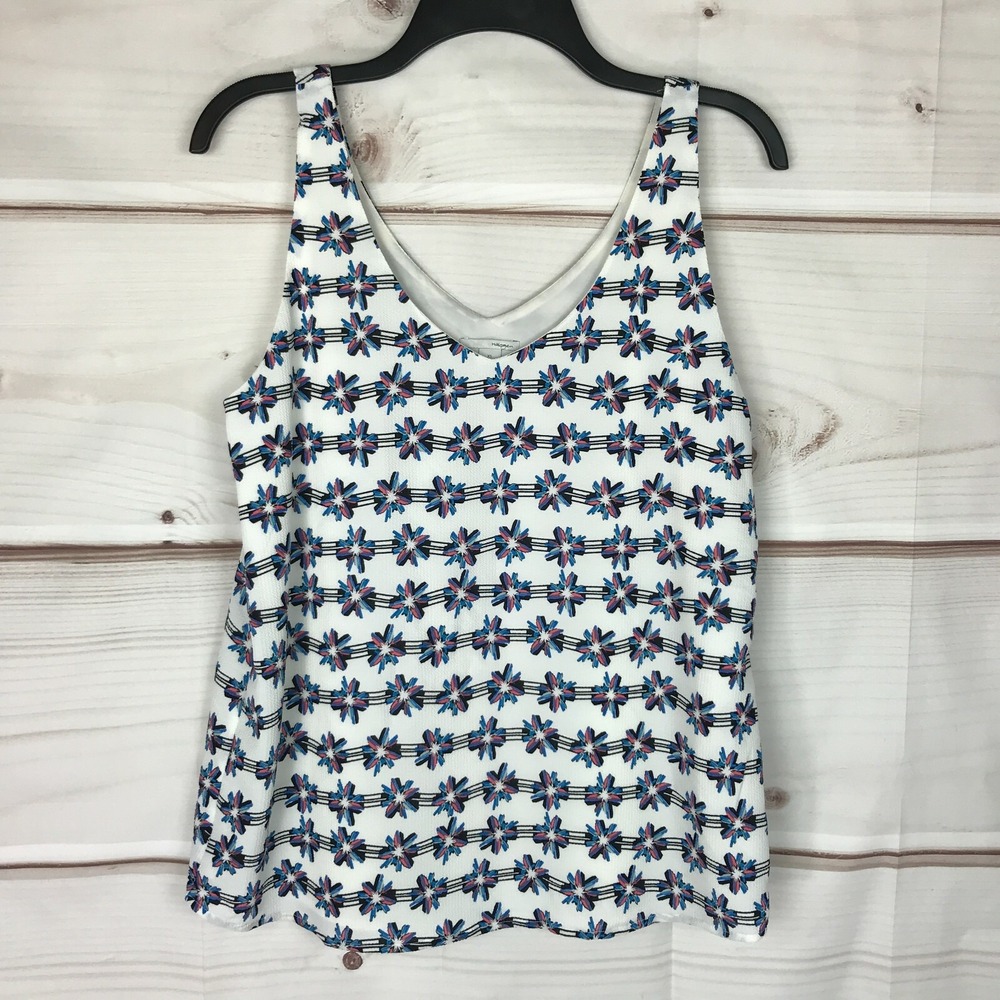 Halogen Top Womens XS White Floral Tank Sleeveless V-Neck Lined Pullover Woven